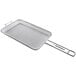 A stainless steel mesh grill basket with a handle.