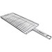 A stainless steel Mibrasa double grill basket with a handle.