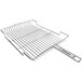 A stainless steel wire grill rack with a handle.