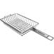 A stainless steel wire grill basket with a handle.