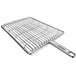 A stainless steel Mibrasa double grill basket with a handle.