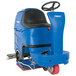 A blue Clarke Focus II R BOOST28 ride-on floor scrubber with black wheels.