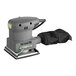 A grey Genesis 1/4 sheet palm sander with a black dust bag.