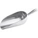 A silver aluminum scoop with a handle.