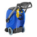 A blue and black Clarke carpet extractor with a black and blue handle and wheels.