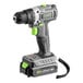 A close up of a Genesis cordless drill with a green and black handle.