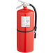 A red fire extinguisher with a white label and black handle.