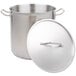 A Vollrath stainless steel stock pot with a lid.