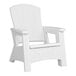 A Suncast white resin Adirondack chair with armrests.