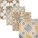 A display of tan tiles with different geometric patterns.