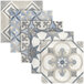 A display of blue and gray Abert Domino tiles with different patterns.