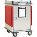 A white and red Metro C5 T-Series heated holding cabinet on wheels.