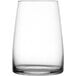 A close up of a Schott Zwiesel Sensa stemless wine glass with a white background.
