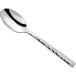 A Oneida stainless steel demitasse spoon with a hammered handle.