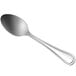 A Oneida New Rim II stainless steel demitasse spoon with a white background.