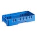 A navy blue plastic Cambro rack with open compartments and holes.