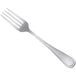 A silver fork with a white background.