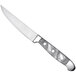 A Oneida stainless steel steak knife with a pearl plastic handle.