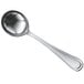 A Oneida New Rim II stainless steel round bowl soup spoon with a silver handle.