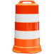 An orange Plasticade traffic drum with white and orange stripes.