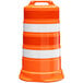 An orange and white Plasticade traffic drum with white stripes.
