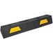 A black Plasticade car stop with yellow stripes.