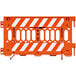 An orange Plasticade Pathcade barricade with white engineer grade striped sheeting on one side.