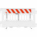 A white Plasticade parade barricade with white and orange striped sheeting on both sides.