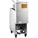 An Avantco stainless steel gas fryer on wheels.