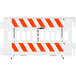 A white Plasticade barricade with white diamond grade striped sheeting on both sides.