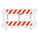 A white Plasticade Pathcade barricade with engineer grade white and orange striped sheeting on one side.
