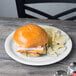 A Diamond White narrow rim melamine plate with a sandwich and chips on it.