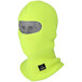 A lime green knitted face mask with a black logo on it.