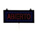 A rectangular LED sign with the word "Abierto" in blue lights.
