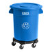 A Lavex blue recycling can on wheels with a blue lid.