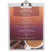 A Menu Solutions Alumitique aluminum menu tent with a menu on it.