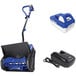 A Snow Joe 24V battery and charger attached to a snow shovel.