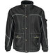 A black RefrigiWear ErgoForce insulated jacket with white stitching and yellow trims.