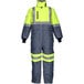 A RefrigiWear lime and grey coverall with reflective stripes.