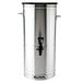 A silver metal Bunn 5 gallon iced tea dispenser with a black lid.