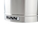 A Bunn stainless steel 5 gallon iced tea dispenser with a solid plastic lid.