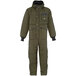 A sage green RefrigiWear coverall with hood and pockets.