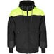 A black and lime green RefrigiWear hooded sweatshirt with reflective detailing.