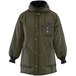 A sage green RefrigiWear jacket with black accents including a hood and pockets.