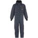 A navy blue RefrigiWear coverall with a hood.