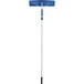 A blue and white Snow Joe telescoping snow shovel with a white pole.