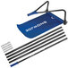 A blue and black Snow Joe snow removal roof rake with black metal poles.