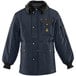 A navy RefrigiWear Iron-Tuff jacket with a fur collar and hood.