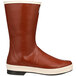 A close up of a Tingley brick red and brown rubber boot with a white sole.