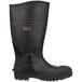 A black Tingley knee boot with the word "Tingley" in red on the toe.